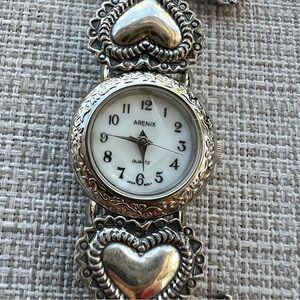 Arenix Mother of Pearl Quartz Beaded Sterling Stamped Charms Watch Western Look